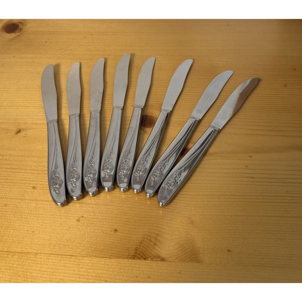 Oneida Custom Stainless ROSEANNE Rose Pastel Dinner Knives Set of 8 VTG Floral